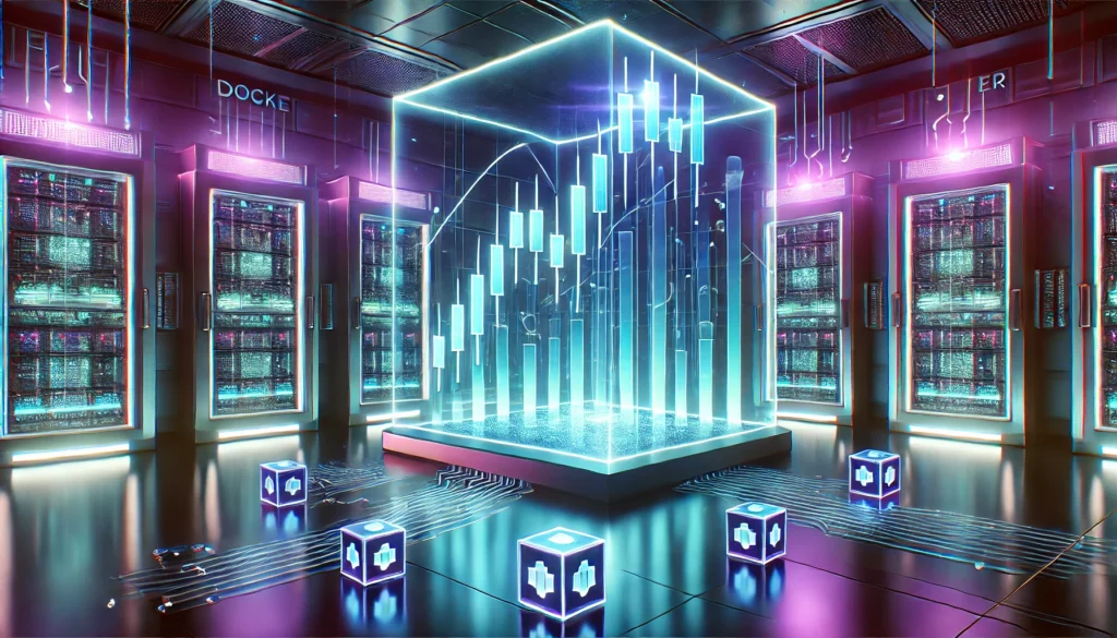 A futuristic high-tech trading lab featuring a glowing holographic candlestick chart rising upward. The environment has a metallic neon color scheme with electric blue, purple, and turquoise highlights. Floating cube-like containers representing Docker are scattered throughout, with glowing circuit board lines and flowing data streams. A sleek robotic or AI figure stands in the background, symbolizing automated trading. The scene is illuminated by soft neon glows and cinematic lighting, creating a cutting-edge, modern aesthetic.