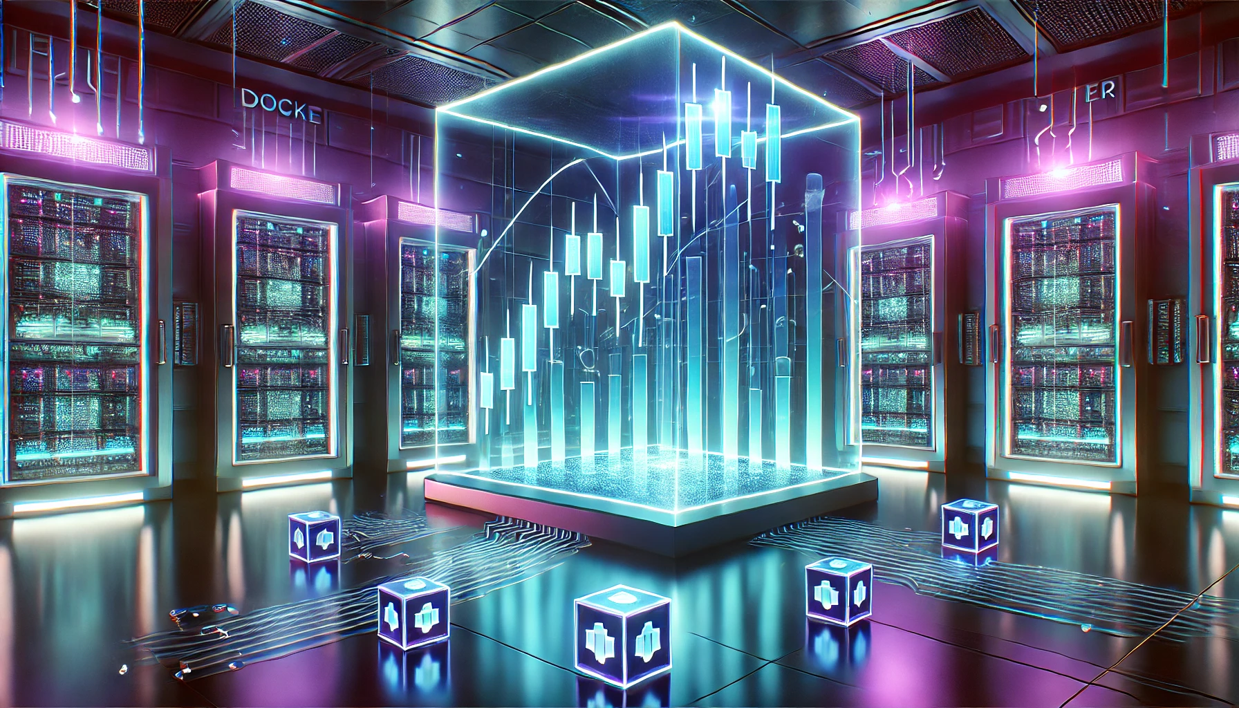 A futuristic high-tech trading lab featuring a glowing holographic candlestick chart rising upward. The environment has a metallic neon color scheme with electric blue, purple, and turquoise highlights. Floating cube-like containers representing Docker are scattered throughout, with glowing circuit board lines and flowing data streams. A sleek robotic or AI figure stands in the background, symbolizing automated trading. The scene is illuminated by soft neon glows and cinematic lighting, creating a cutting-edge, modern aesthetic.