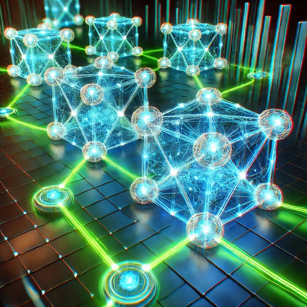 A vibrant digital illustration of a futuristic blockchain network with interconnected glowing nodes in neon blue and green, set against a dark cybernetic grid background.