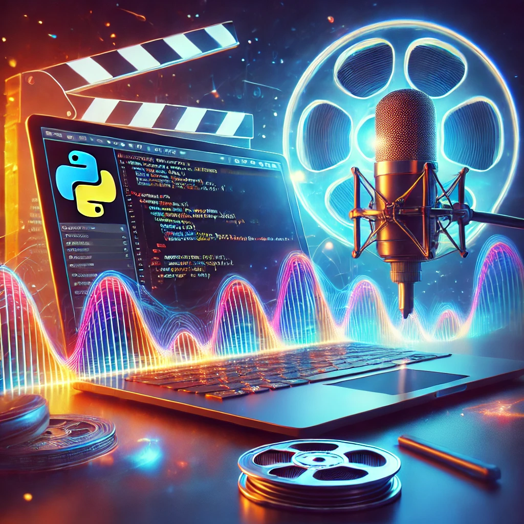 Cinematic illustration of a laptop with Python code, microphone blending into soundwaves, and movie elements like a film reel and clapperboard — representing video creation with TTS technology.