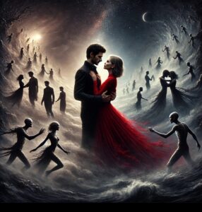 A man in black holds a woman in a red dress amidst a chaotic sea of lost souls. Their love endures through eternity, untouched by the darkness surrounding them.